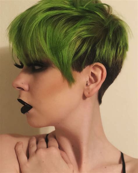 dark green short hair|girl with short green hair.